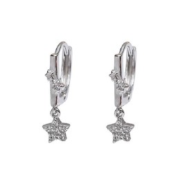 Cute Cartilage Star 925 Sterling Silver Tiny Mini Hoop Earrings for Women Little Crystal Charm Sleeper Small Hoops Hypoallergenic Hooped Fashion Jewelry (Silver, One size)