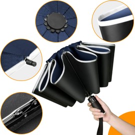 Poligono Windproof Umbrella, Large Pocket Umbrella for Men and Women, Inverted Umbrella 10 Ribs, Automatic Open and Close, Compact, Diameter 105 cm, darkblue