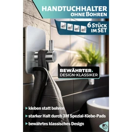 Menz Menz Handtuchhalter ohne Bohren - 6er-Set Klebehaken als Handtuchhaken Bad Edelstahl, wasserfeste Haken selbstklebend, attraktive Wandhaken, Farbe: Silber