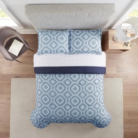 Serta Simply Clean Skyler Soft 7 Piece Geometric Bed in A Bag Complete Bedding Comforter Set with Sheets and Pillow Case for All Season, Queen, Blue