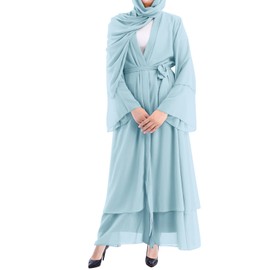 IDOPIP Abayas Muslim Dress for Women Long Sleeve Islamic Abaya Dubai Kaftan Dresses Middle East Prayer Dress Open Front Maxi Cardigan Dress Full Cover Robe Gown Prayer Clothes for Muslim Women Blue L
