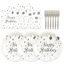 PUEVENYI 75PCS Happy Birthday Paper Plates - 7 Inch White Sliver Dot Paper Plates and 6.5 Inch Napkins with 6.3 Inch Sliver Forks Disposable Tableware Set for Birthday Party Decorations, Serve 25