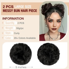 Qunlinta 2 PCS Large Messy Bun Hair Piece, Thick Wavy Curly Hair Bun Scrunchies Extensions Synthetic Chignon Updo Hairpieces for Women Girls Natural Black