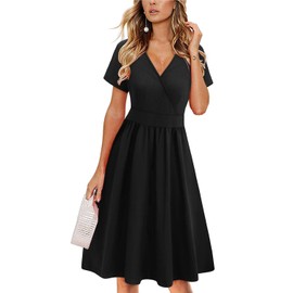 VOTEPRETTY Women's Short Sleeve V Neck Wrap Dress Summer Casual Floral Sundress with Pockets(Black,L)