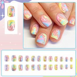 Viugex 24Pcs Press on Nails Short Square, Spring Dopamine French False Nails, Colorful Flower Waves Soft Gel Fake Nail Kit, Acrylic Full Cover Stick on Nails Women Girls Nail Art Accessories