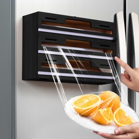 Allinside Magnetic Plastic Wrap Dispenser with Cutter and Labels, Aluminum Foil Holder, Wax Paper Storage Box for Refrigerator, Kitchen Bamboo Organizer Compatible with 12.9" Roll (1 Layer)