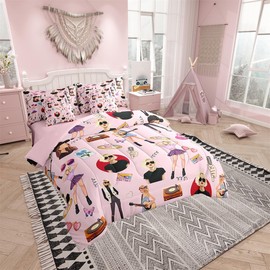 Music Bedding Set King Size Girls Singer Bed in a Bag Gifts for Women Music Lovers Guitar Comforter Set 7 Pieces Coworker Sister Friends Bed Set with Comforter, Sheets, Pillowcase, Cushion Cover Pink