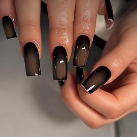 SXVME Uñas postizas largas cuadradas con degradado en marrón ruborizado y negro, uñas postizas francesas oscuras, uñas postizas de gel suave reutiliza