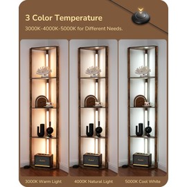 EDISHINE 64" Corner Shelf Floor Lamp for Living Room, Modern LED Corner Light with Shelves, 3CCT, Stepless Dimmable Tall Floor Light for Bedroom, Office, Dining Room, 3000K 4000K 5000K, Burlywood