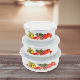 Happyyami Mixing Bowl Sets 3-Piece Enamel Bowls with Lids White Bowls Vintage Style Salad Serving Bowl Enamel Bowls Enamel Bowls for Cooking Outdoor Camping