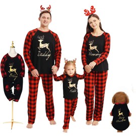 Hinzonek Family Christmas Matching Pyjamas Outfits Elk Plaid Nightwear Sleepwear Xmas Pajamas Holiday Loungewear for Dad Mom Kids Baby Pet