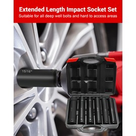 1/2 Inch Drive Extended Length Impact Socket Set, 6 Sizes Extra Deep Socket Set Include Sizes 3/4", 7/8", 15/16", 1-1/16", 1-1/8", 1-1/4" for High Torque Use with Case