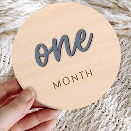 Monthly Baby Milestone Maker Discs, Baby Milestone Signs for Newborn Baby, Hello World Newborn Sign for Baby Girl & Boy, Baby Announcement Sign for 1-12 Month, Milestone Wooden Circles (Blue)