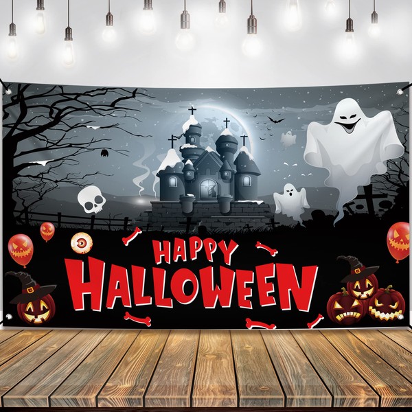 XtraLarge, Happy Halloween Haunted House Banner - 72x44 Inch | Ghost Banner Decorations for party | Halloween Banner Party Decorations | Pumpkin Halloween Decor | Halloween Banner for Birthday Party