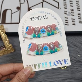 TENPAL Ocean Ombre French Tip Press On Nails With Tools,Ballerina Glossy Duckbill Coffin Nails with 3D Floral Crystals,10Pcs Icy Seafoam Glitter Vacation Acrylic Glue on Nails for Women Girls(M)