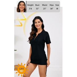 Halcurt Women's Half Zip Short Sleeve Rash Guard Swim Top with Bra Drawstring Adjustable UPF50+ Swimsuit Black 2XL