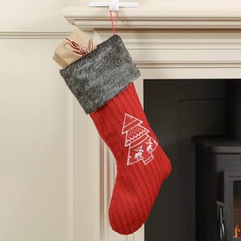 Dibor Knitted Red Stocking with Nordic Tree and Faux Fur Cuff H51cm