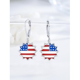 4th of July Earrings for Women 925 Sterling Silver Patriotic American Flag Earrings USA Star Dangle Drop for Independence Day Gifts