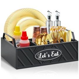 VOOTTOU Paper Plate Dispenser, Wood Paper Plate Holder with Handle for Kitchen Counter, Silverware Caddy for Cups, Spoons, Forks, Plates, Napkins, Utensil Holder for Party Camping Buffet (Black)