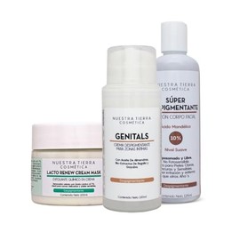 Nuestra Tierra Cosmetica Kit Despigmentante Premium, Loción Facial con Ácido Mandélico, Crema Genitals, Mascarilla Lacto Renew, 3 Piezas