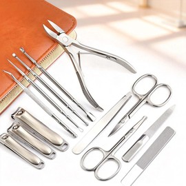 13-Piece Manicure Set, Stainless Steel Nail Clippers Kit with Leather Case, Manicure & Pedicure Nail Care Tools for Women & Men, Portable for Travel & Gift
