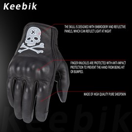 Keebik Goatskin Leather Motorcycle Motorbike Powersports Racing Gloves Reflective Skull Touchscreen for Men and Women Model (White, Medium)