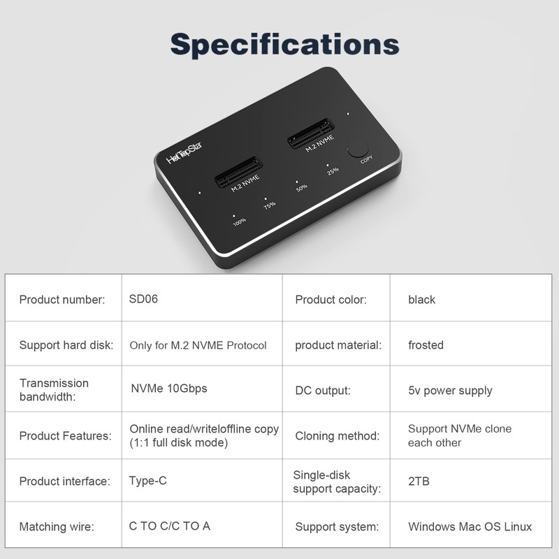 HotTopStar NVMe Clone Docking station, Dual Bay M.2 NVMe Enclosure,