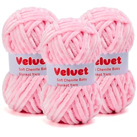 Soft Velvet Chenille Yarn for Crocheting & Knitting - Bulky Yarn for DIY Weaving Crafts 3 Skeins Pink (3.5oz 66yds/Skein)