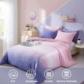 Pink and Purple Gradient Bedding Set Galaxy Duvet Cover Pillowcases with Zipper Closure for Kids Girls Teens Adults (Double Size 200x200cm)