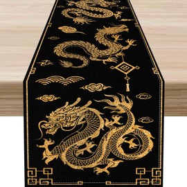 Chinese Dragon Table Runner, Japanese Traditional Zodiac Dragon Spring Festival Asian Style Black Gold Table Center Decor for Home Kitchen Dining Patio Holiday Party Indoor Outdoor, 13"x108" Inch