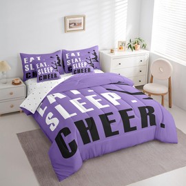 Feelyou Cheer Comforter Set with Sheets Full Size Ombre Purple Cheerleading 7 Pieces Bedding Set for Kids Boys Girls Teens Cheerleader Bed in a Bag Dancing Cheer Lover Bed Set