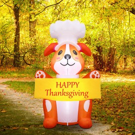 Hollowfly 5FT Thanksgiving Inflatables Dog Outdoor Decorations Blow up Yard Decorations Built in LED Lights Happy Thanksgiving Day Inflatable Decor for Holiday Party Garden Yard Lawn