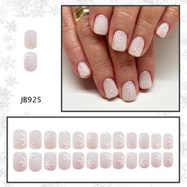 24Pcs Short Press on Nails Christmas Nails Press ons Square Nude Pink Snowflake False Nails for Women Christmas Glue on Nails Reusable Glossy Acrylic Nail