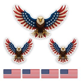American Bald Eagle Sticker (3 Pack, one 5 inches, Two 2.7 inches Wide) & 4 US Flags (2 inches Wide) | Waterproof Vinyl Stickers for Laptops, Cars, Hard Hats, Trucks