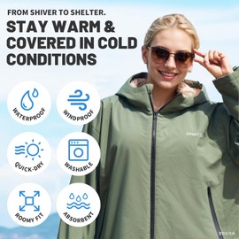 Owntop Swim Parka Youth, Waterproof Surf Poncho, Warm Sherpa Lining, Oversized Hooded Changing Robe Swimming Coat for Beach Pool (Green, XS)