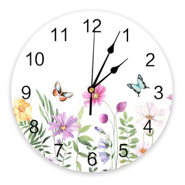 Wildflower Butterfly PVC Wall Clock Silent Non-Ticking Battery Operated Clocks, Spring Floral Round Clock for Home Living Room Office School Kitchen Bedroom Bathroom Wall Decor 10 Inch Summer Flowers