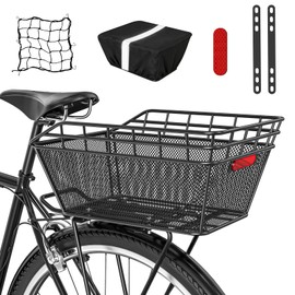 Large Bicycle Basket - Rear Bike Basket with Cargo Net and 2-in-1 Waterproof Cover, Wire Bike Baskets, Large Capacity for Adult Bikes,Electric Bike,Carrying Grocery,Ball,Dog