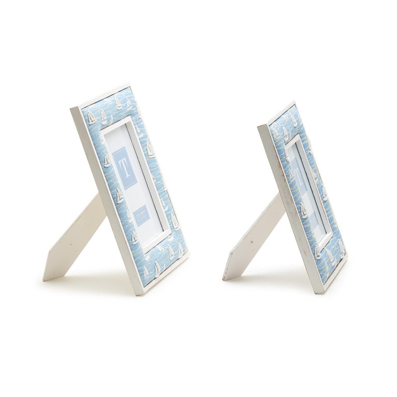 Two's Company Sailboat Hand-Beaded White Washed Photo Frame, Mango Wood,