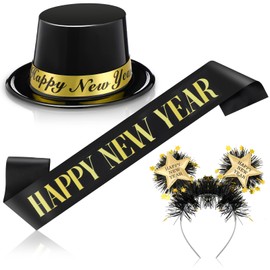 Coume 3 Pcs 2025 New Year's Eve Party Supplies New Year Black Gold Hat Happy New Year Headband with Star Boppers Happy New Year Sash Belt Happy New Year Decoration for New Year Party Gift Accessories