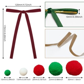 Velvet Bows,24 Pcs Tree Ornaments Velvet Ribbon Bow for Garland Christmas Tree Decorations Vintage Tree Bow for Wreath Decor with Puff Pom Poms Bulk of Red,Green and White for Crafts