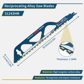 Elecoutek Reciprocating Saw Blade Carbide, Reciprocating Saw Blades Metal Stone Saw Blades, Accessories Reciprocating Saw for Cutting Ytong Stones, Brick, Aerated Concrete, Cement Plate (S1243HM, 305