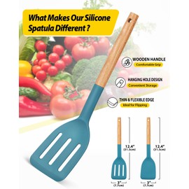 Pack of 2 Silicone Cooking Spatula, Heat Resistant Solid Turner, Non Stick Slotted Spatulas with Wooden Short Handle,Ideal Wood Kitchen Utensils Set for Frying, Baking, Flipping, Turning