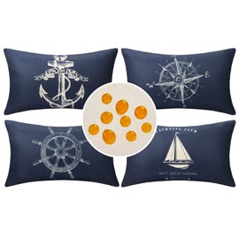HomeStilez Cushion Covers 30 x 50 cm Nautical Sailing Cushion Covers Navy Blue Rudder Anchor Sailing Boat Compass Outdoor Waterproof Linen Cushion Cover Set of 4 for Sofa Couch Bedroom Patio Garden
