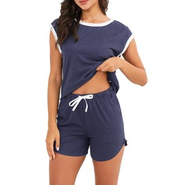Artfasion Women Short Sleeve Pajama: 2 Piece Summer Lounge Set Crew Neck Tops and Shorts Pj Sets Soft Sleepwear with Pockets for Wife Home Gifts Navy Blue Large