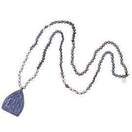 KELITCH 6mm Crystal Beaded Necklace Sakyamuni Buddha Pendant Long Chain Necklaces Handmade Statement Yoga Necklaces (Grey 55D)