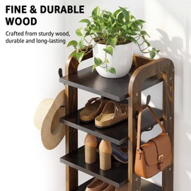Wooden 8 Tiers Vertical Shoe Rack with Hooks