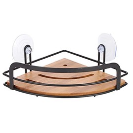 MSV Shower Shelf Corner Shower Basket Bathroom No Drilling with Suction Cups Steel Bamboo 21 x 21 x 9 cm Matt Black