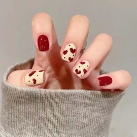 Short Press on Nails Red Heart Square Fake Nails Red Sweet Love Short Glue on Nails Glossy Wine Red Heart Wave Point Designs False Nails Valentines Fashion Short Artificial Acrylic Nails for Women
