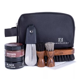 FootFitter Travel Shoe Shine Kit with Horsehair Brushes & Shoe Creams, 9 Pcs