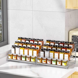 BOIVSHI 4 Tier Spice Rack Organizer for Cabinet, Spice Rack Organizer, Depth Adjustable Spice Organizer for Cabinet, Countertop, Cupboard, Pantry, Seasoning Shelf, Metal, Gray (2 Pack)